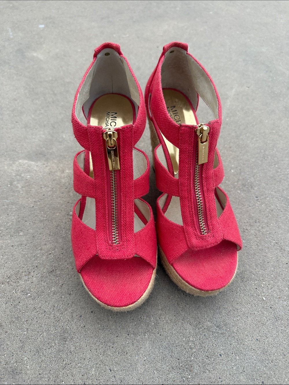 MICHAEL Michael Kors Red Canvas Zip-Front Wedge Sandals
